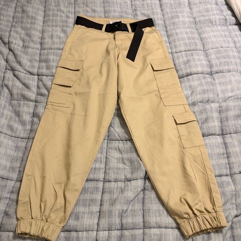Rue21 Cargo Jogger Pants Womens S Tan Beige Cotton Belted Casual Athletic NWT